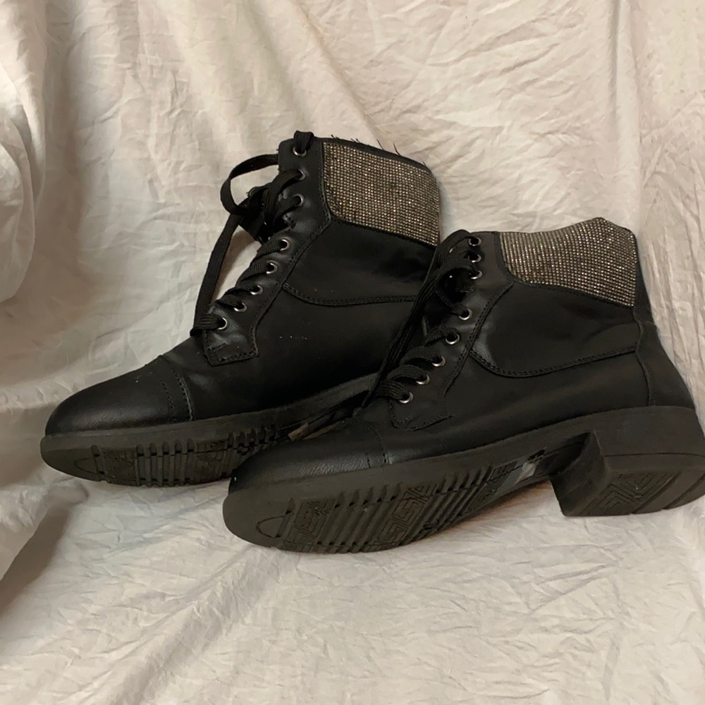 Bamboo Black combat boots with rhinestone top